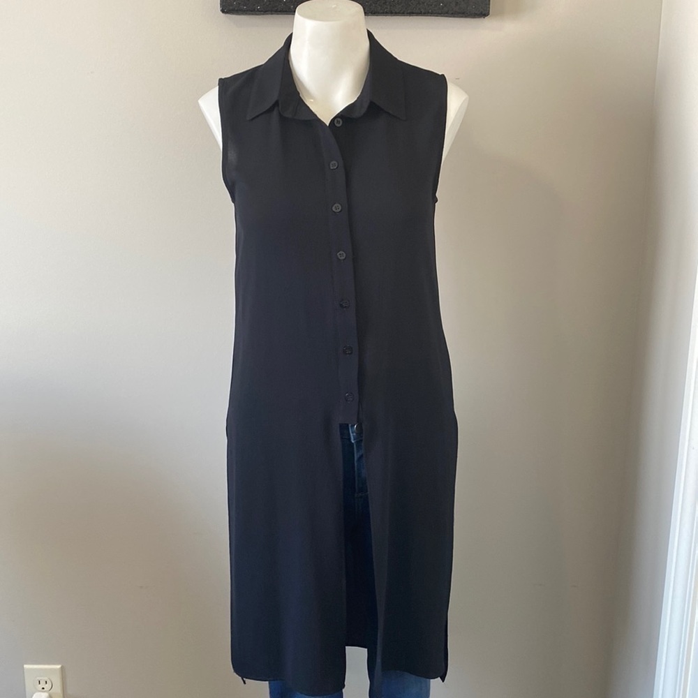 DREW Anthropologie Crepe Sleeveless Collared Long Blouse Top Black Size XS